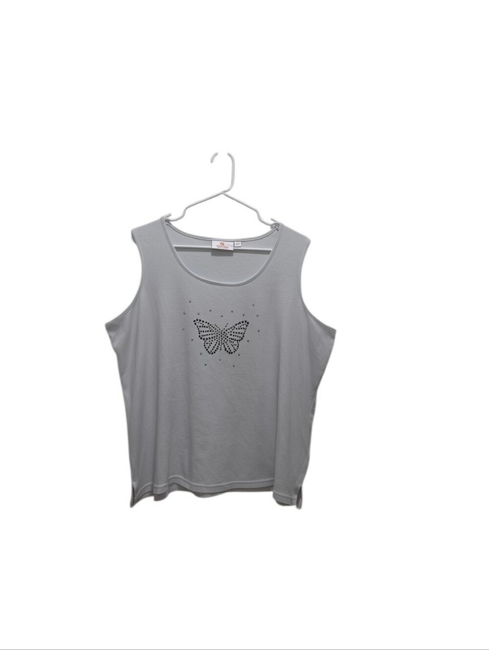 Quacker Factory Butterfly Rhinestone Tank Top 1X White Sleeveless Knit Shirt